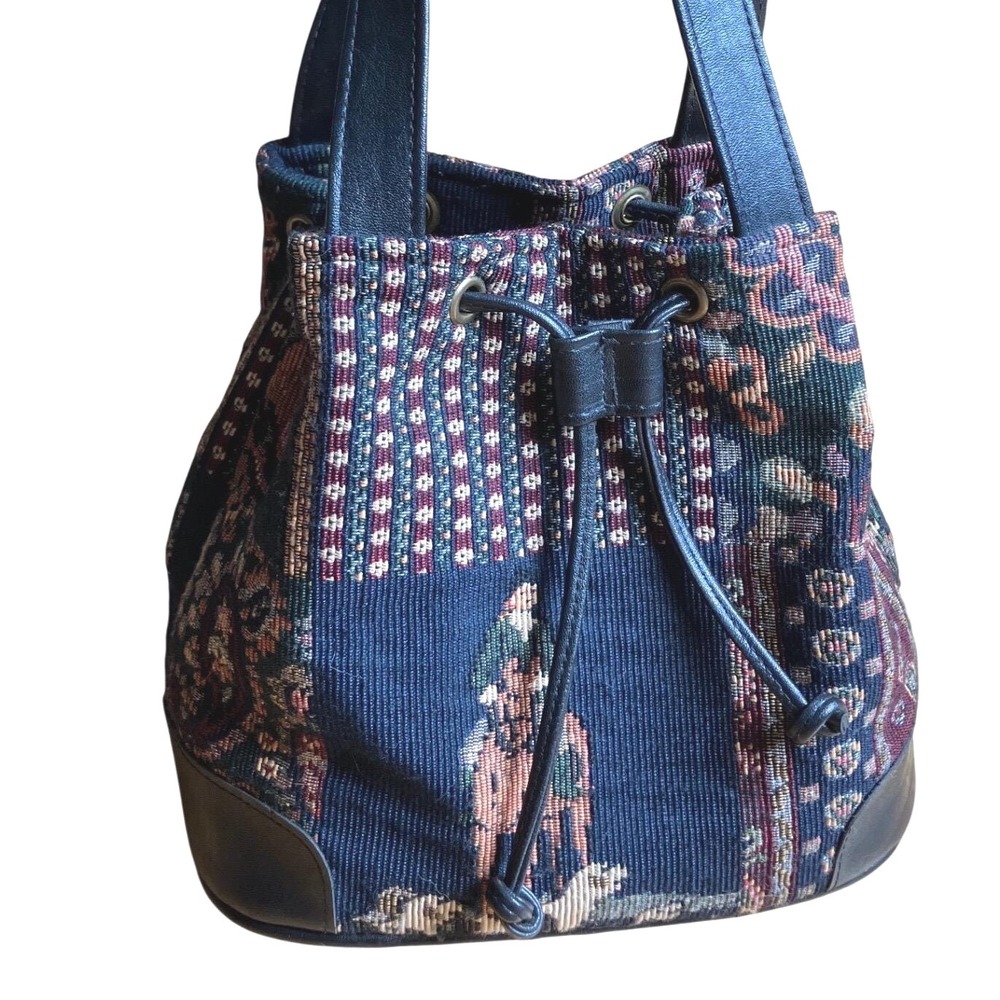 Vintage Tapestry Bucket Bag Equestrian Horse Dogs Navy Black